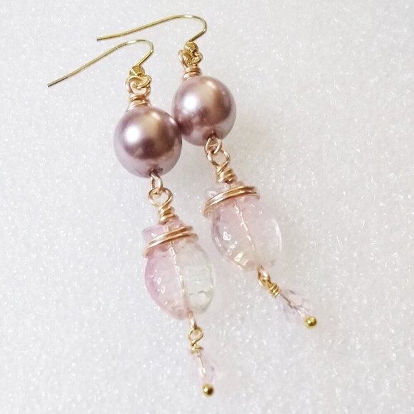 Pale Pink Sea Goddess Earrings ~ Crystals, Fish & Pearls! Sensual Femininity - Picture 4 of 9